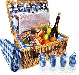 Picnic Basket, Wicker Basket with Handle for Outdoors, Insulated Woven Basket, Includes a Service Kit of Dinnerware & Wine Glasses, Picnic Basket Set for 4 with Blanket, Blue & White