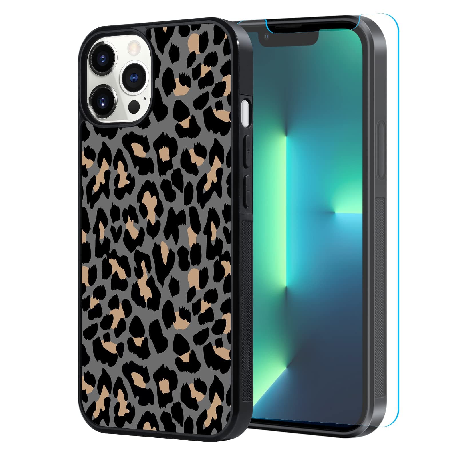 tharlet Phone Case for iPhone 13 pro with Screen Protector, Matte Black Leopard Print for Women Girls Teens, Hard PC Back Silicone Soft TPU Bumper Drop Protection Anti-Slip Cover for iPhone 13 pro