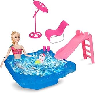 Pool Playset - Glam Pool with Slide, Doll Pool Accessories Includes Beach Chair, Beach Umbrella, Dog, Swimming Pool Set for 12 Inch Dolls, Bath Toys for Dolls