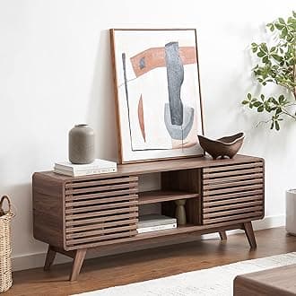Ensley 59" Tall TV Stand with Slatted Door, Mid Century Modern Entertainment Center for 55-65 inch TV, Farmhouse Media Console with Storage, Adjustable Shelves, Round Edges, Living Room (Walnut)