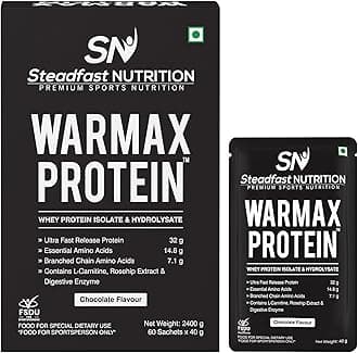Steadfast NutritionWarmax Whey Protein Isolate & Hydrolysate Powder|32G Ultra Fast Release Protein Per Sachets With L-Carnitine, Eaas, Bcaas & Rose Hip Extract 2.4Kg (Chocolate, 60 Sachets)