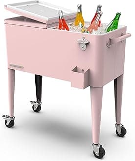 Permasteel 80-Qt Classic Outdoor Patio Cooler for Outside | Beverage Cooler Bar Cart, Rolling Cooler with Wheels & Handles, Retro Design, Pink