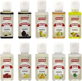 Puramio Culinary Liquid Food Essence, 50ml Each (Pack of 10)- Vanilla, Rose, Pineapple, Orange, Lemon, KHUS, Saffron, Pista, Mango, Chocolate