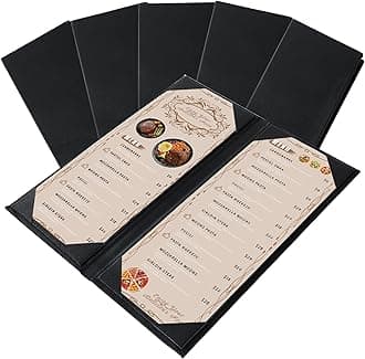 Menu Covers 4.25" x 11" – 5 Pack 2 View Black PU Leather Restaurant Menu Holders, Double Panel with Angled Corners for Food Menus, Wine Lists & Drink Specials & Cocktail, Perfect for Parties