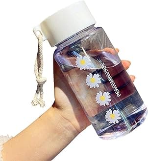 Small Daisy Water Bottles, 500ml Plastic Transparent Frosted Water Bottle, BP-A Free, Portable Reusable Leak-Proof Water Bottle With Rope for School Travel(Clear 4 Flower)
