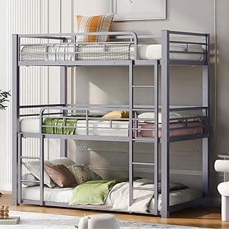 Bunk Beds, Metal Bunk Bed, Triple Bunk Bed for Kids,Teens, Adults, Girls, Boys, Detachable BunkBed Can Be Divided into 3 Twin Beds,No Box Spring Need (Silver)
