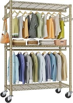 R2 Plus Rolling Clothes Rack for Hanging Clothes Heavy Duty Garment Rack 3 Tiers Adjustable Wire Shelving Clothing Racks with Double Hanging Rods, Closet Organizers and Storage, Gold