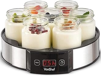 Digital Yoghurt Maker with 7 Jars – Electric, Compact, Stainless Steel Machine with LED Display & Timer, 180ml Glass Containers/Yoghurt Pots - For Making Fresh, Healthy Homemade Desserts