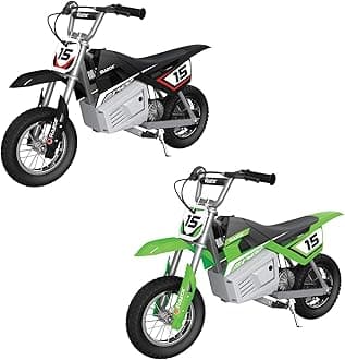 Kid and Teen Dirt Rocket 24 Volts High Torque Electric Motorcycle with Pneumatic Tires, Speeds up to 14 Miles Per Hour, 2 Pack, Black/Green