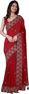 Women's Vichitra Silk Embroidred work Saree with Unstitched Blouse Piece