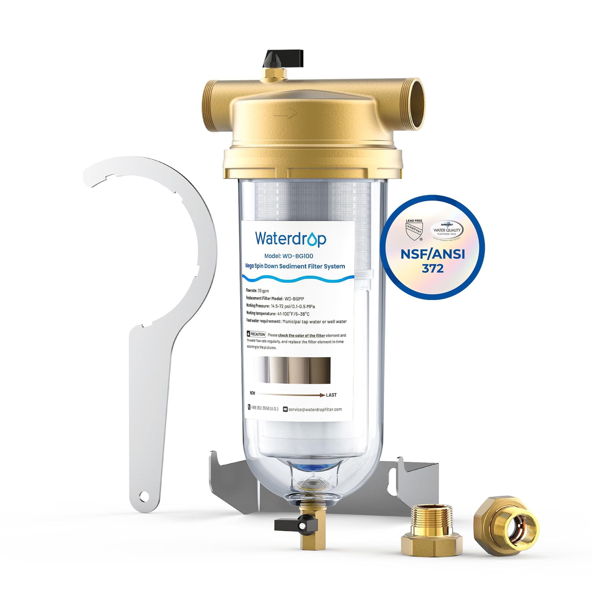 Waterdrop Mega Spin Down Sediment Filter, Reusable Whole House Water Filter System for City Water, Backwash Sediment Water Filter System, 100 Micron+5 Micron PP Filter, 1" MNPT + 3/4" FNPT, BPA Free