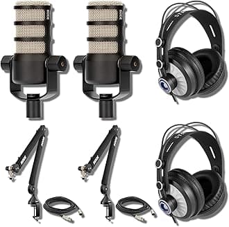 Rode PodMic Dynamic Podcasting Microphones (Pair) with Rode PSA1+ Professional Studio Boom Arms, Studio Graded Headphones, XLR Cables and StreamEye Polishing Cloth