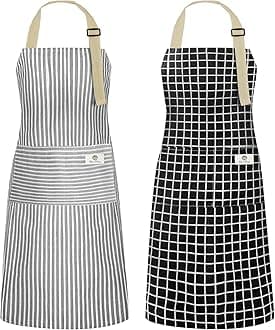 NLUS 2 Pack Kitchen Cooking Aprons, Adjustable Bib Waterproof Chef Apron with 2 Pockets for Men Women(Grey Stripe/Black Plaid)