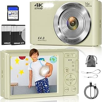 Digital Camera, FHD 4K 44MP Digital Camera, 16X Digital Zoom, Digital Point and Shoot Camera with 3-LED Fill Lights, 64GB SD Card, Compact Camera for Kids Teen Boys Girls, Cream