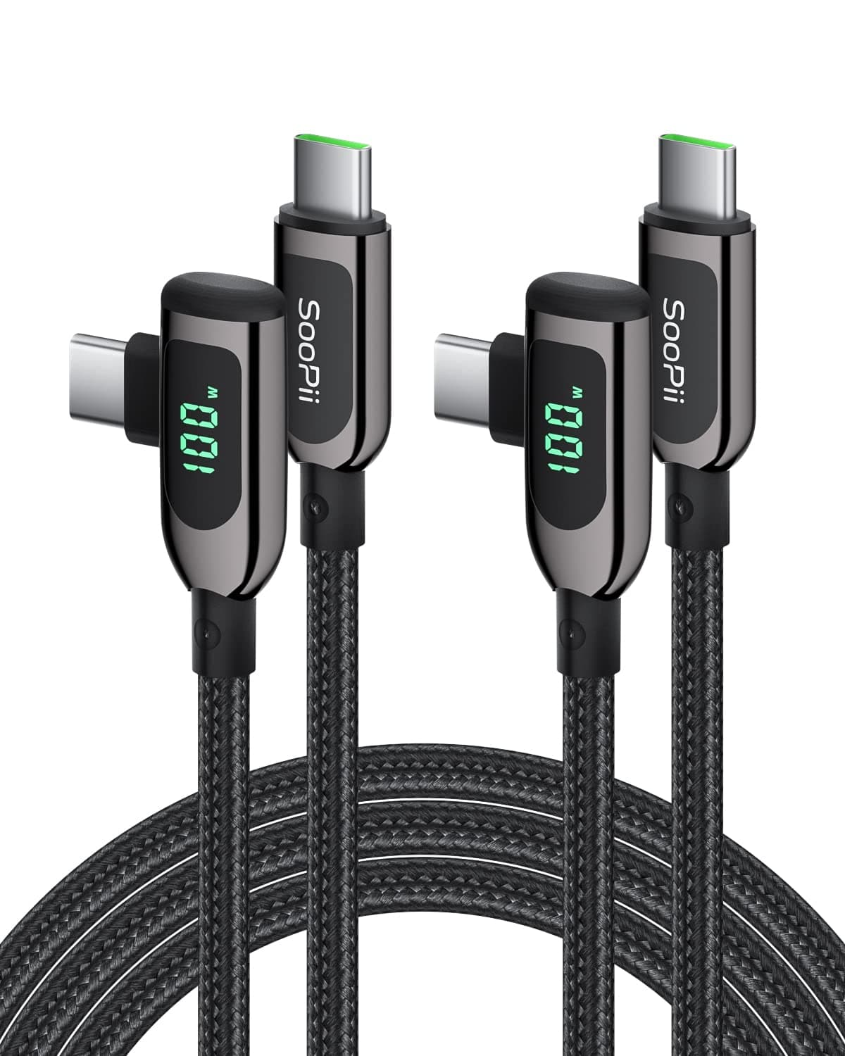 100W Right Angle USB C to USB C Cable,2Pack 4FT Zinc Alloy Braided Type-C Cable with LED Display for lphone 15, lPad Air/Pro,MacBook Pro,Galaxy S23/S22/S10,Pixel,LG(1.2m,black)