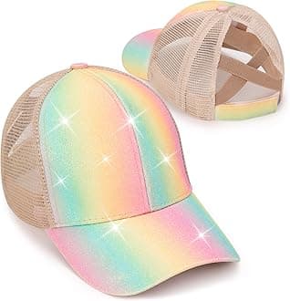Girls Glitter Baseball Cap Kids Ponytail Hat Adjustable Summer Mesh Trucker Hats for 4-12 Years