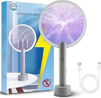 Electric Fly Swatter Racket, Mosiller 2 in 1 Bug Zapper with Type-C Rechargeable Base, 4000V Mosquito Killer with 3-Layer Safety Mesh for Pest Insect Control for Indoor、Office、Camping(Grey-1 Pack)