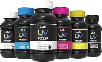 NGOODIEZ UV DTF Ink - 6 Color Set for UV DTF Printers - 250ml Each | Fast Drying, High Adhesion, Glossy Finish, Anti-Clog | UV Ink for Acrylic, Glass, Wood, Metal & More - CMYK + White + Varnish
