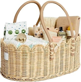 BEBE BASK Premium Baby Diaper Caddy Organizer - Handmade & Award-Winning Scalloped Rattan Basket - Luxury Diaper Caddy Basket - Elegant Scalloped Edge (Natural)