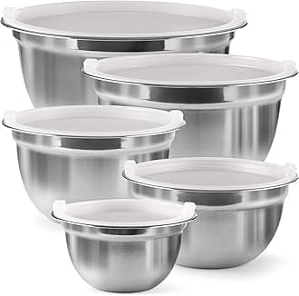 FineDine Premium Various Sizes Stainless Steel Mixing Bowl (Set of 5) With Airtight Lids, Flat Base For Stability & Easy Grip Whisking, Mixing, Beating Bowls Nesting & Stackable for Convenient Storage