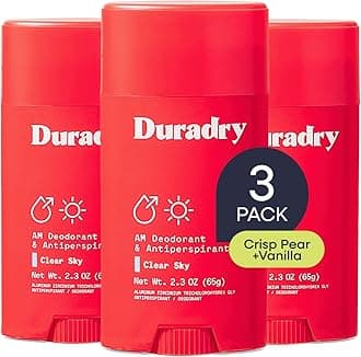 Duradry Clinical-Strength Antiperspirant for Women and Men – Clean formula with natural ingredients for armpit odor and excessive sweat protection –Clear Sky (Crisp Pear + Vanilla), 3-Pack.