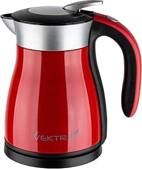Vektra VEK-1201R Vacuum Insulated Environmentally Eco Friendly Easy Pour Cordless Kettle, 1.2 Litre, Red