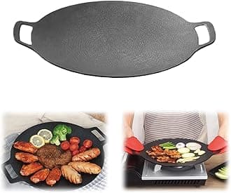Korean Non-stick Round Baking Pan, 8 in 1 Korean BBQ Grill Pan,Non-stick Granite Coating,Round Griddle Pan, for Both Home and Outdoor stoves Grilling, Frying, Sauteing (14 inches)