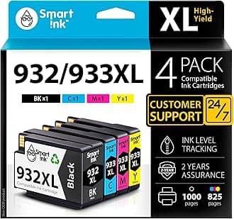 Smart Ink Compatible Ink Cartridge Replacement for HP 932XL 933XL 932XL 933 XL 4 Combo Pack (XL Black, Cyan, Magenta Yellow) to use with HP Officejet 6100 6600 6700 7110 7510 7610 7612 7620 Printers