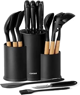 CAROTE16 Pieces Kitchen Utensils Set, Silicone Cooking Utensils Set with Wooden Handle, Stainless Steel Knife Set with Block, Kitchen Utensil Gadgets Cutlery with Anti-slip Handle, Black