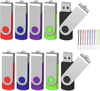 EASTBULL 10 Pack 64GB Flash Memory USB 2.0 Flash Drive 360° Rotatable Dustproof with Strap LED Light (64GB 5 Colors)