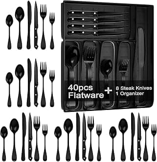 49-Piece Black Silverware Set with Organizer, Stainless Steel Flatware Set for 8 with Drawer Tray, Cutlery Steak Knives Fork Spoon for Home Restaurant, Mirror Finish