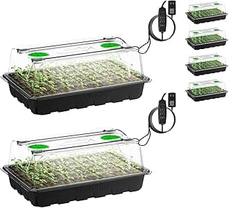 VIVOSUN6-Pack Seed Starter Trays, 240-Cell Seed Starter Kit with 2 Set of LED Lights, 3.6" Higher Cover, Adjustable Vents, Drainage Holes, Green Propagation Tray for Planting Seed, 40 Cells x 6 Packs