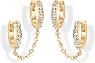14K Gold Chain Earrings for Women, Cubic Zirconia Pearl Hoop Earrings for Women