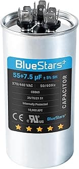 [2025 Updated] BlueStars 55+7.5 uF 55/7.5 MFD ±5% 370 or 440 Volt AC CBB65B Dual Run Round Capacitor - Fit Condenser Straight Cool or Heat Pump Air Conditioner - Replaces C35575R, TT-CAP-55/7.5/440