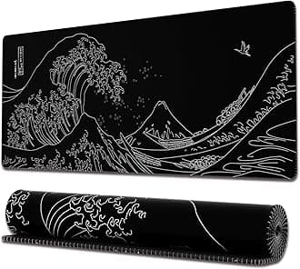 Ovenbird Gaming Mouse Pad with Stitched Edges, Japanese Sea Wave Large Extended XL Anime Mousepad Gaming with Anti-Slip Base, Cool Black and White Mouse Pad for Desk, 31.5 x 11.8 in, Black