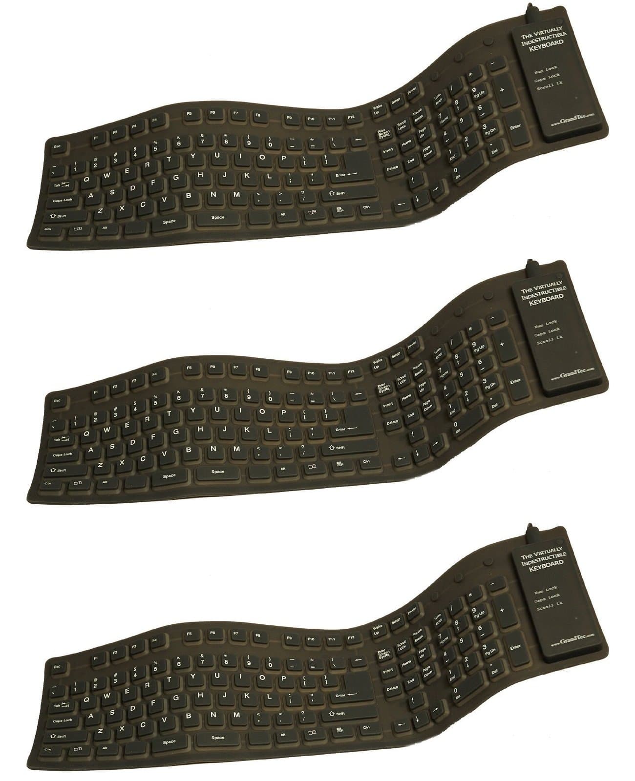 GrandTec FLX-2000 Virtually Indestructible Silicone Flexible Computer Keyboard (Pack of 3), Black, 109 Number of Keys, Power Hot Keys, QWERTY Keys Layout, USB Keyboard/Keypad Host Interface