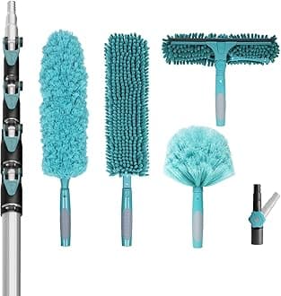 4-Piece High-Reach Cleaning Kit with 6-24FT Extendable Aluminum Pole - Window Washer & Squeegee, Cobweb Duster, Chenille Ceiling Fan Duster, Microfiber Feather Duster.