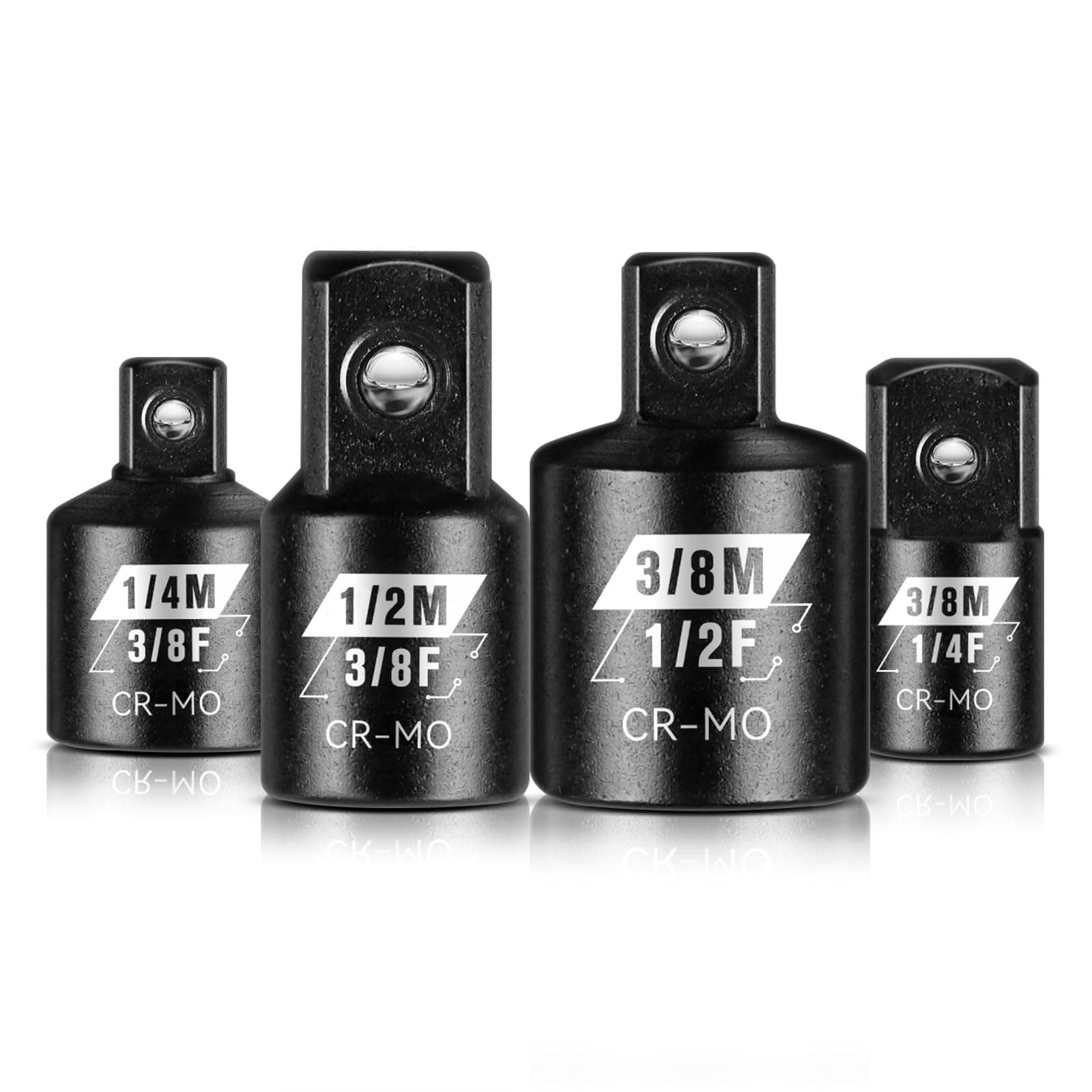 BLACKROBOT 4 Piece Impact Socket Adapter Set, 1/4" 3/8" 1/2" SAE Drive Socket Adapter Set, Square Adapter and Reducer Conversion Set for Impact Driver Wrench, Cr-Mo Steel