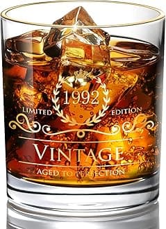Lovinpro 1992 33rd Birthday Gifts for Men/Dad/Son, Vintage Unfading 24K Gold Hand Crafted Old Fashioned Whiskey Glasses, Perfect for Gift and Home Use - 10 oz Bourbon Scotch, Party Decorations