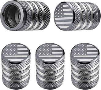 Tire Valve Stem Cap Cover - (5 Pack) Tire Air Cap Metal with Plastic Liner Corrosion Resistant Leak-Proof American Flag for Car Truck Motorcycle Bike Grey