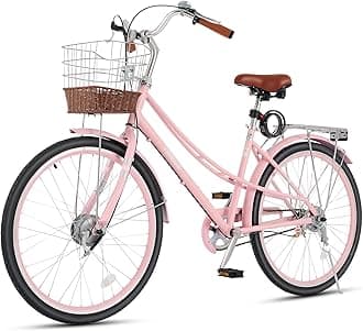 Viribus Beach Cruiser Bike for Women, Step Through Womens Bike with Ratten Basket & Rack, 24 26 inch 1 Speed, City Commuter Adult Bicycle for Short Ladies Female Seniors 330 lb.