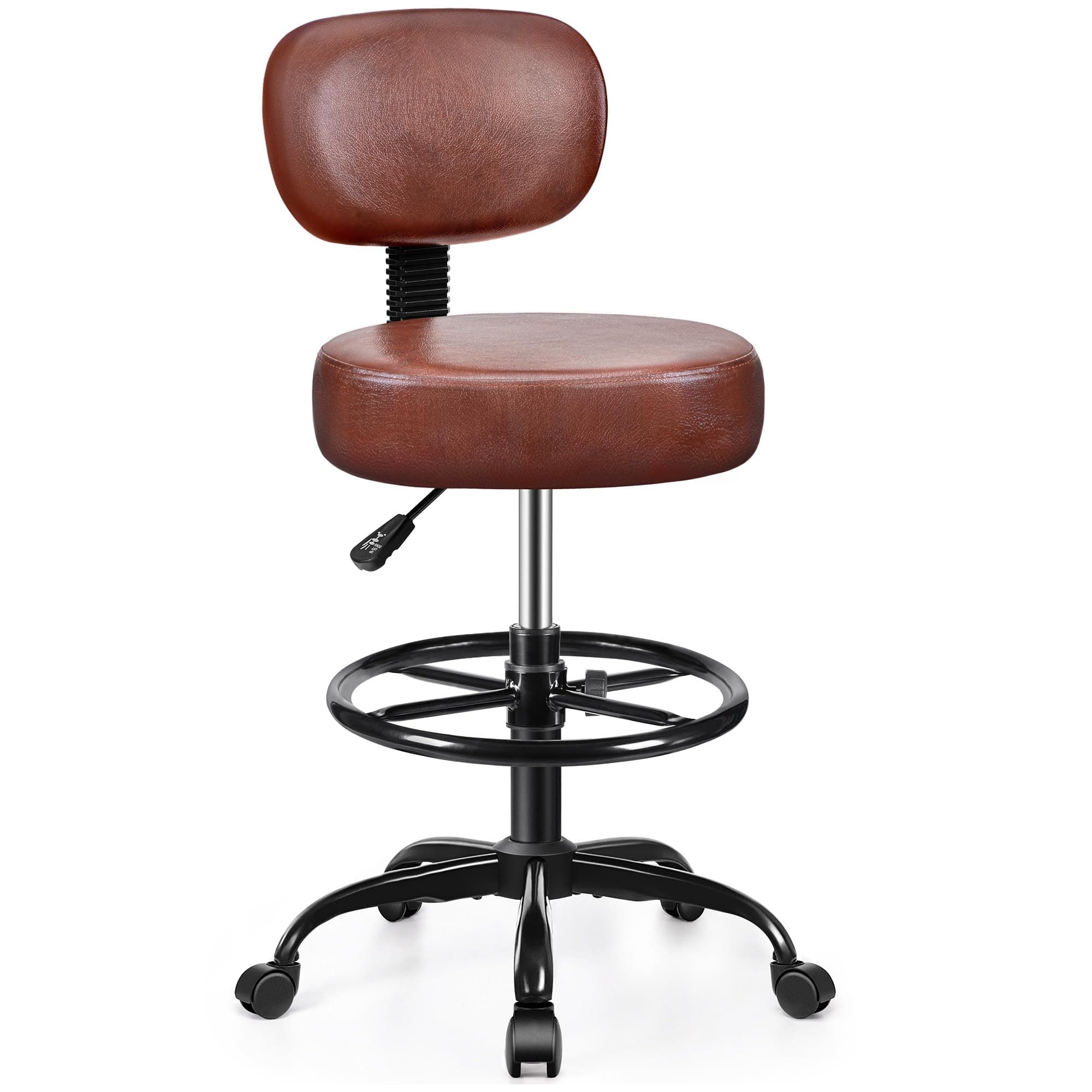 Drafting Chair with Backrest – Adjustable Foot Rest Rolling Stool with Wheels, PU Leather Swivel Stool for Office Spa Studio Lab Counter Salon Home Work Bar Kitchen Shop(Ember Brown)