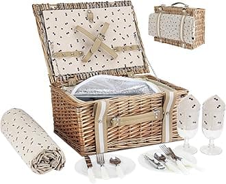 G GOOD GAIN Willow Picnic Basket Set for 2 Persons with Large Insulated Cooler Bag,Wicker Picnic Hamper for Camping,Outdoor,Valentine Day,Thanks Giving,Birthday