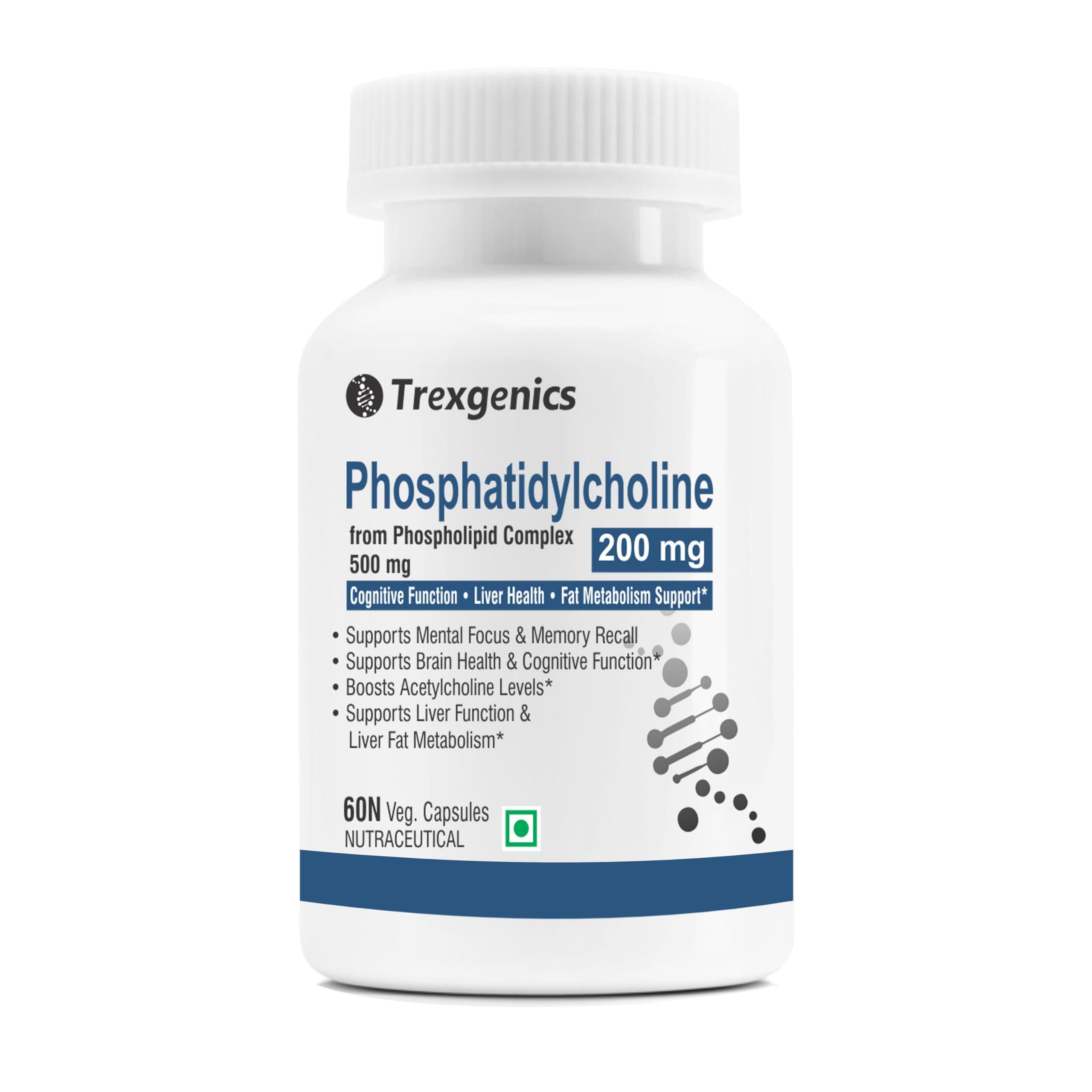Trexgenics PHOSPHATIDYLCHOLINE 200 mg from Phospholipid Complex 500 mg, Cognitive Function, Liver and Brain Health, Fat Metabolism Support (60 Veg Capsules) (Pack of 1)
