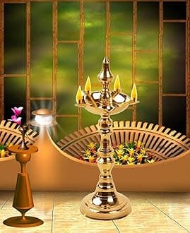 Brass Traditional Kerala Samay Oil/Ghee Diya,Long Diyas for Home, Pooja Room, Pancharti,Panchmukhi Pital Deepak for Puja, Decoration, Aarti, Diwali.Pack of1 pieaces