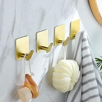 DELITON Adhesive Towel Hooks Gold - 4 Pack Towel Hook for Coat Robe Stick on Bathroom Wall Brushed Gold Finish Stainless Steel