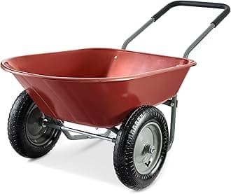 Dual-Wheel Home Utility Yard Wheelbarrow Garden Cart w/Built-in Stand for Lawn, Gardening, Construction - Red