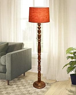 Homesake® Rustic Wood Floor Lamp for Living Room Walnut Brown with Multicolor Fabric Lamp Shade | Light Decoration for Home Side Lamp for Living Room & Bedroom | Antique Floor Light Candlestick, Red