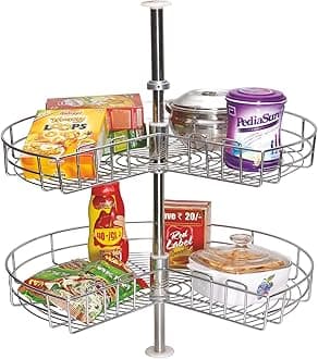 SmartSlide 2-Shelf Modern Stainless Steel Kitchen Corner Cabinet Organizer/Modular Basket/Adjustable Height Carousel Unit (Carousel 22 Inch)