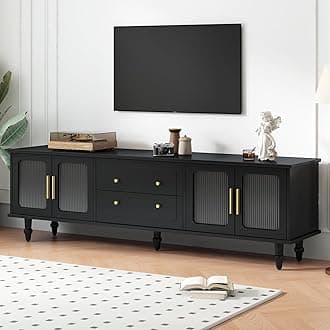 Merax Retro Design TV Stand with Fluted Glass Doors and 2 Drawers and Cabinets for Televisions Up to 78'', Practical Media Console, Elegant Entertainment Center for Living Room, Black